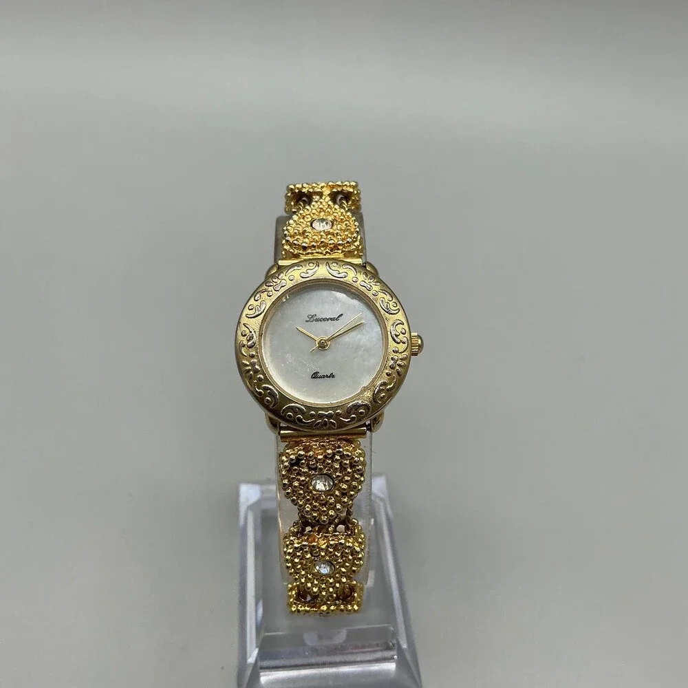 Vintage Lucoral Womens Watch 26mm White Dial Gold Tone Crystals Bracelet 7.75